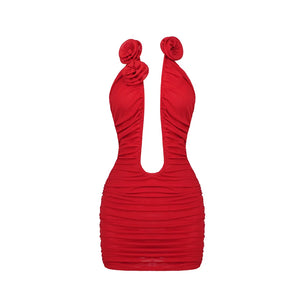 Floral Accented Deep V-Neck Red Bandage Dress with Slim Fit