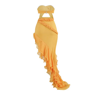 Elegant Yellow Strapless Dress with Waist Cut-out and Asymmetrical Ruffled Skirt