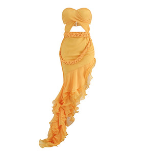 Elegant Yellow Strapless Dress with Waist Cut-out and Asymmetrical Ruffled Skirt