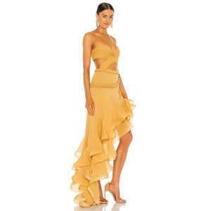 Elegant Yellow Strapless Dress with Waist Cut-out and Asymmetrical Ruffled Skirt