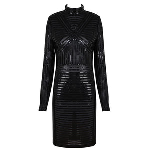 Women's Fashion Turtleneck Long Sleeve Mini Dress with Black PU and Striped Mesh Patchwork