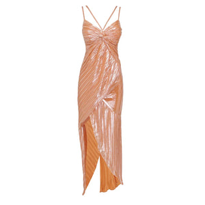 Bronze Pleated High-Slit Dress with Metallic Detail and Fringe Hem