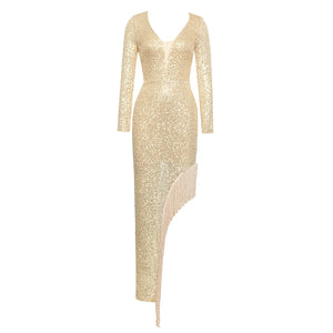 Long-Sleeve Gold Sequin Dress with Side Tassels and V-Neck for Autumn and Winter