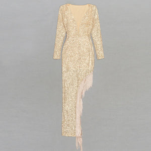 Long-Sleeve Gold Sequin Dress with Side Tassels and V-Neck for Autumn and Winter