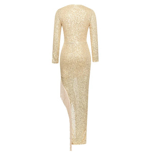 Long-Sleeve Gold Sequin Dress with Side Tassels and V-Neck for Autumn and Winter