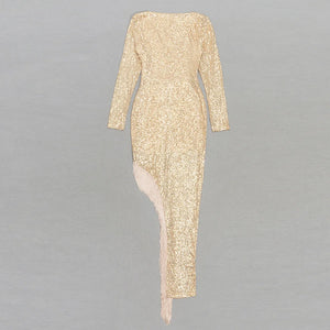 Long-Sleeve Gold Sequin Dress with Side Tassels and V-Neck for Autumn and Winter