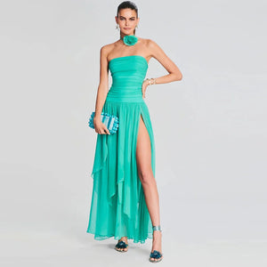 Elegant Teal Tube Top Dress with Backless Design and Asymmetrical Hem Split