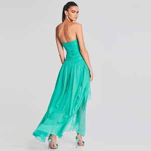 Elegant Teal Tube Top Dress with Backless Design and Asymmetrical Hem Split