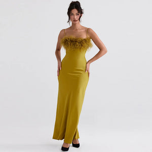 Elegant Feather-Trimmed Tube Top Dress with Sling Design in Olive Green