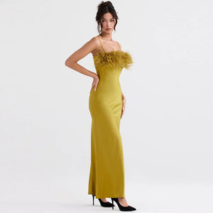 Elegant Feather-Trimmed Tube Top Dress with Sling Design in Olive Green