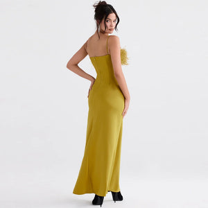 Elegant Feather-Trimmed Tube Top Dress with Sling Design in Olive Green