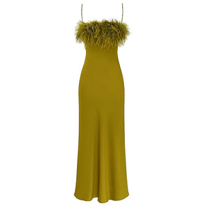 Elegant Feather-Trimmed Tube Top Dress with Sling Design in Olive Green