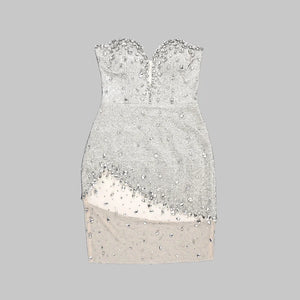 Strapless Rhinestone Studded Mesh Evening Dress with Sequin Detail