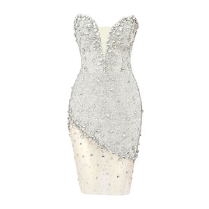 Strapless Rhinestone Studded Mesh Evening Dress with Sequin Detail