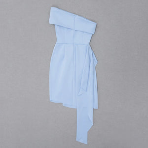 Elegant Blue Strapless Dress with Asymmetrical Pleated Skirt and Ruffled Detail