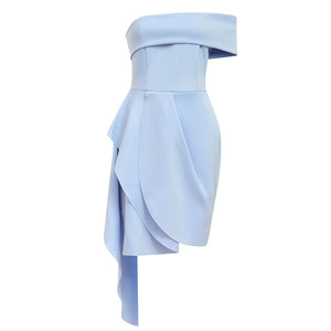 Elegant Blue Strapless Dress with Asymmetrical Pleated Skirt and Ruffled Detail