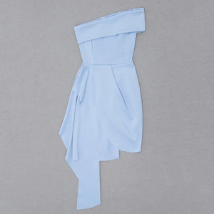 Elegant Blue Strapless Dress with Asymmetrical Pleated Skirt and Ruffled Detail