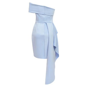 Elegant Blue Strapless Dress with Asymmetrical Pleated Skirt and Ruffled Detail