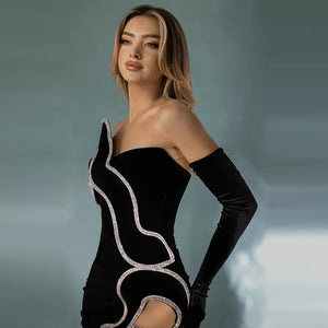 Elegant Off-Shoulder Black Dress with White Wavy Stripes and Long Gloves