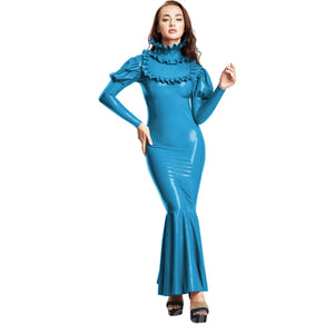 Women's PVC Faux Latex Long Bodycon Ruffle Sheath Maxi Dress Mermaid Evening Gown Multi-Color