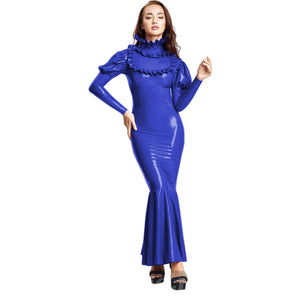 Women's PVC Faux Latex Long Bodycon Ruffle Sheath Maxi Dress Mermaid Evening Gown Multi-Color