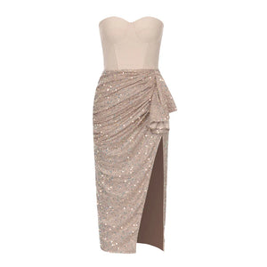 Elegant Strapless Sequined Dress with Side Split Detail