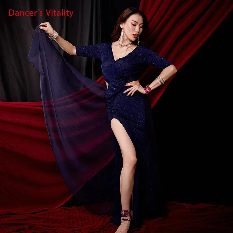 Women's Red Sequin Velvet Cutout Ruched Slit Belly Dance Dress with Flowing Scarf