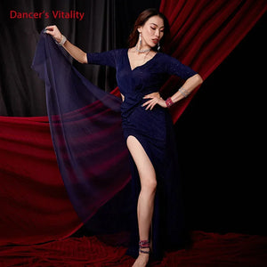 Women's Red Sequin Velvet Cutout Ruched Slit Belly Dance Dress with Flowing Scarf