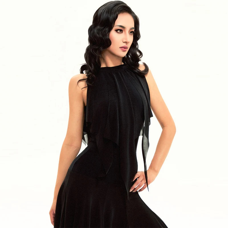 Women's Black Chiffon Halter Asymmetrical Layered Ballroom Dance Dress