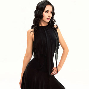 Women's Black Chiffon Halter Asymmetrical Layered Ballroom Dance Dress