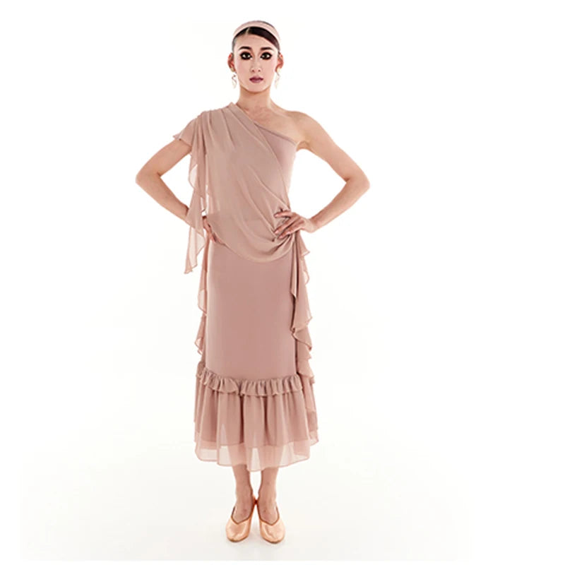 Women's Nude Chiffon One-Shoulder Ruffle Bodysuit & Skirt Latin Dancewear Set
