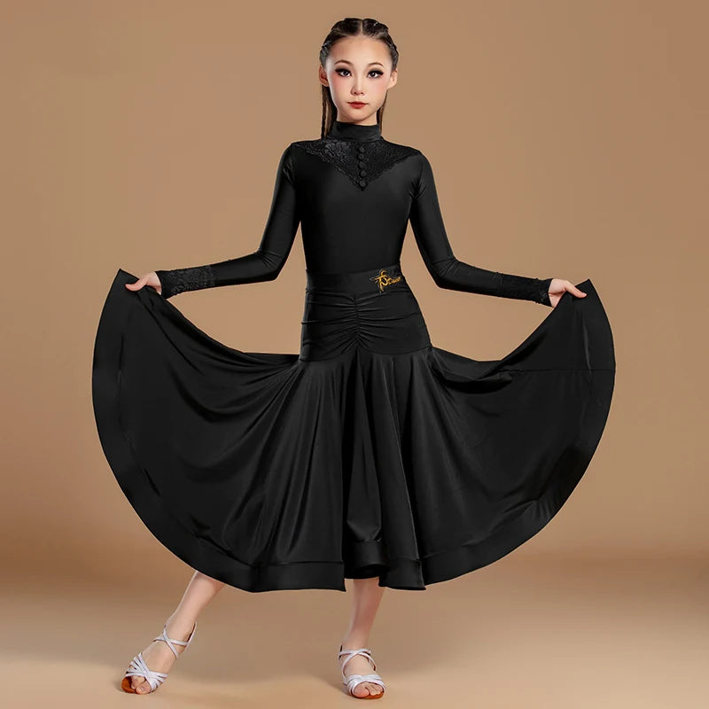 Girls' Black Ballroom Dance Dress with Lace Neckline and Ruched Waist, Long Sleeve Latin Dance Skirt