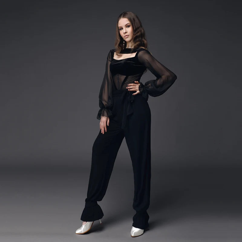 Women's Black Sheer Velvet Long Sleeve Bodysuit & Ruffled Hem Dance Pants Latin Ballroom