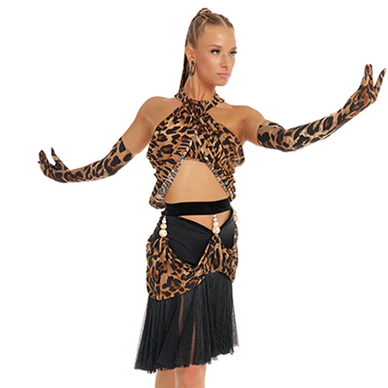 Leopard Print Women's Long Sleeve Bodysuit with Headband and Gloves, Animal Print Jazz Dance Costume