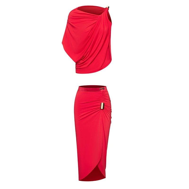 Women's Red & Black Drape Asymmetrical Slit Latin Dance Dress with Buckle Detail