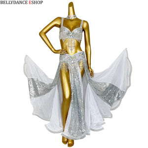 Belly Dance Costume Women Yellow & Gold Sequin Chiffon Bra Belt Skirt Set with Rhinestone Fringe