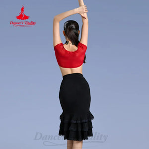 Women's Red and Black Lace Mesh Off-Shoulder Crop Top and Ruffled Slit Skirt Latin Dancewear