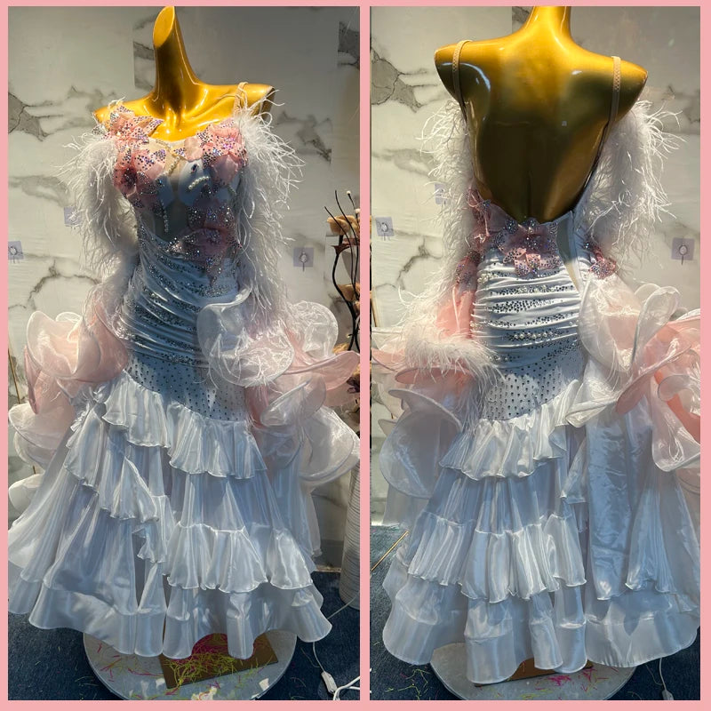 Ballroom Dance Dress Women's White & Pink Feathered Ruffled Rhinestone Latin Salsa Cha-Cha Rumba Tango Standard Performance Gown