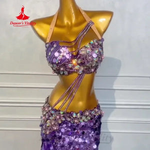 Belly Dance Costume Women's Purple Sequin Halter Top & Mermaid Skirt with Beaded Fringe - Professional Performance Outfit