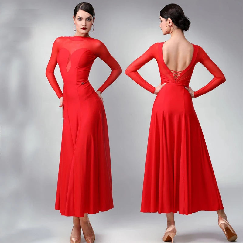 Women's Black & Red Velvet Mesh Ballroom Dance Dress with Open Back & Sweetheart Neckline, Latin Tango Waltz Foxtrot Gown