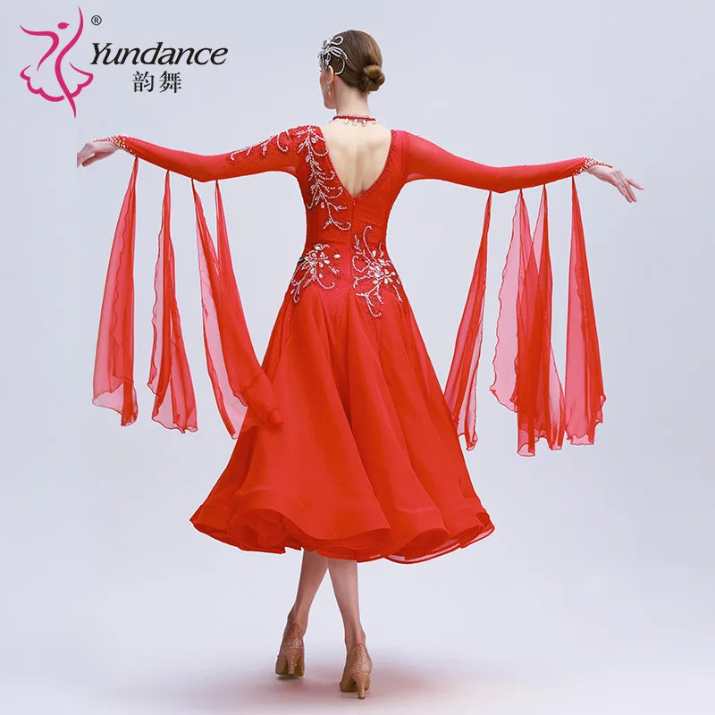 Women's Standard Ballroom Dance Dress With Rhinestones In Coffee Chiffon For Competition