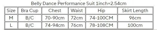 Women's Belly Dance Costume Set With AB Rhinestone Bra Top, Sleeves And Chiffon Long Skirt For Competition