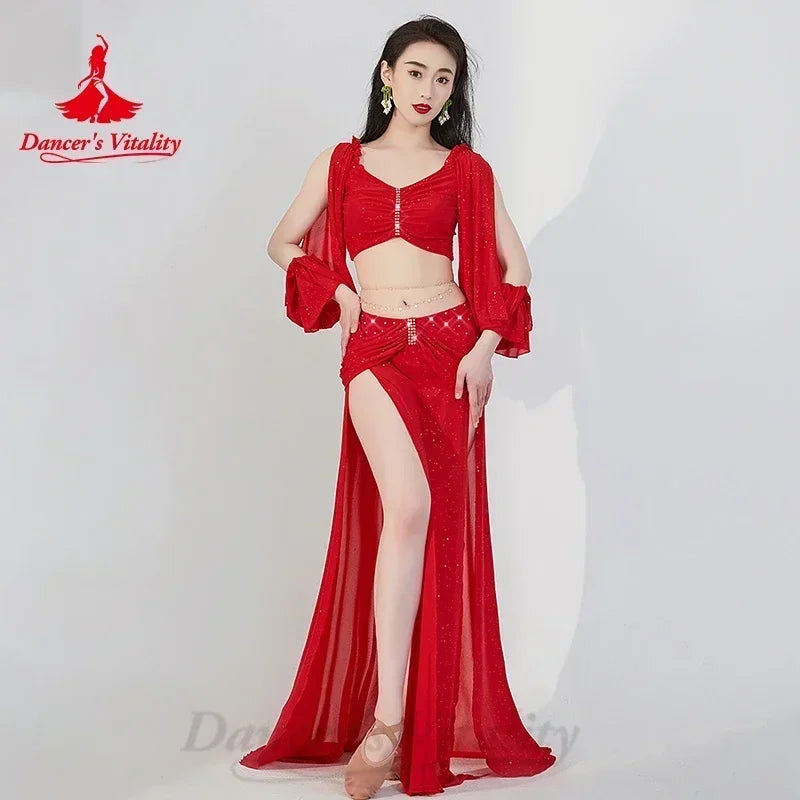 Belly Dance Costume Women's Teal Sparkle Crop Top with Flowing Sleeves and High Slit Skirt, Chiffon and Spandex Set