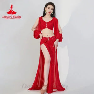 Belly Dance Costume Women's Teal Sparkle Crop Top with Flowing Sleeves and High Slit Skirt, Chiffon and Spandex Set