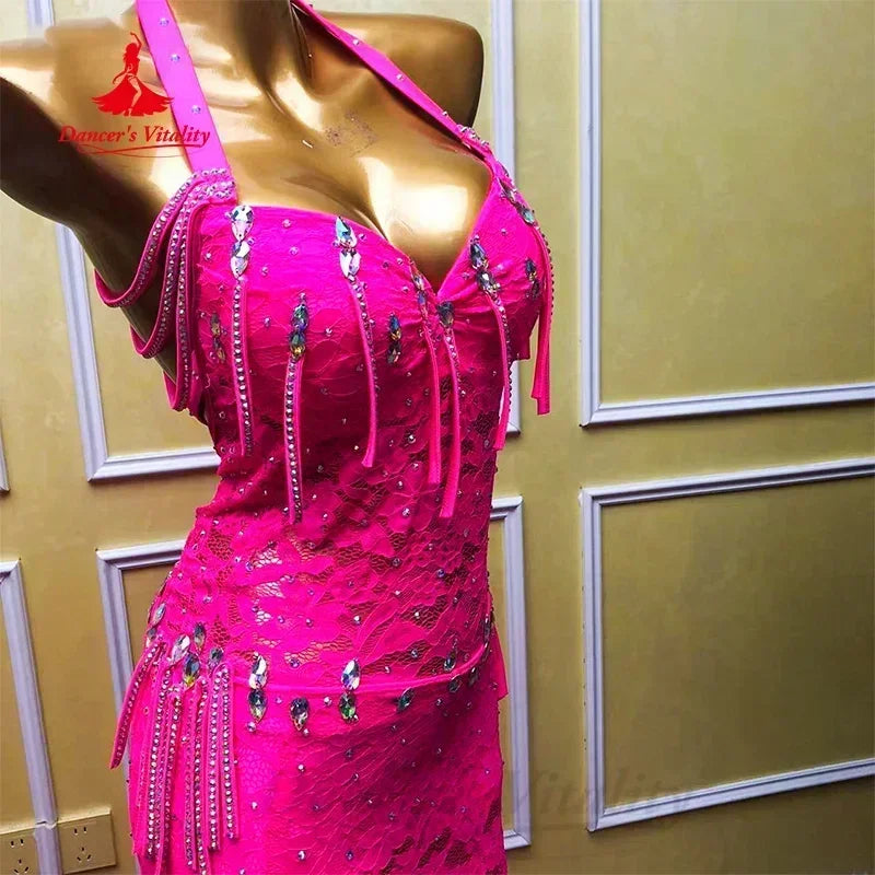 Women's Belly Dance Costume With Lace, AB Rhinestones And Tassel Fringe For Performance Or Competition