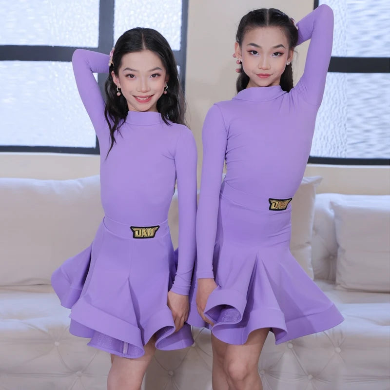 Girls' Neon Green Long Sleeve Mock Neck Pleated Skirt Latin Dance Dress