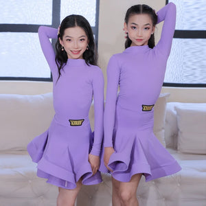 Girls' Neon Green Long Sleeve Mock Neck Pleated Skirt Latin Dance Dress