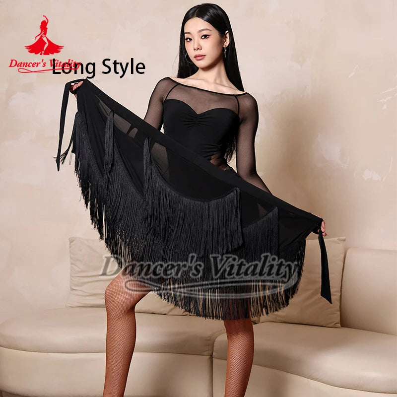 Women's Black/Gray/White Fringe Latin Dance Skirt with Fishnet Tights, Asymmetrical Design, Ballroom Rumba Cha Cha Samba Tango