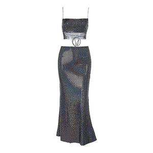 Shiny Black Sequin Two-Piece Dress Set with Lace-Up Backless Tube Top and Long Skirt