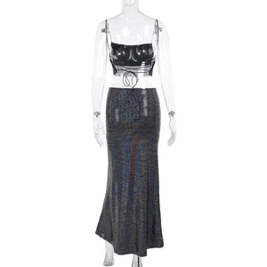 Shiny Black Sequin Two-Piece Dress Set with Lace-Up Backless Tube Top and Long Skirt